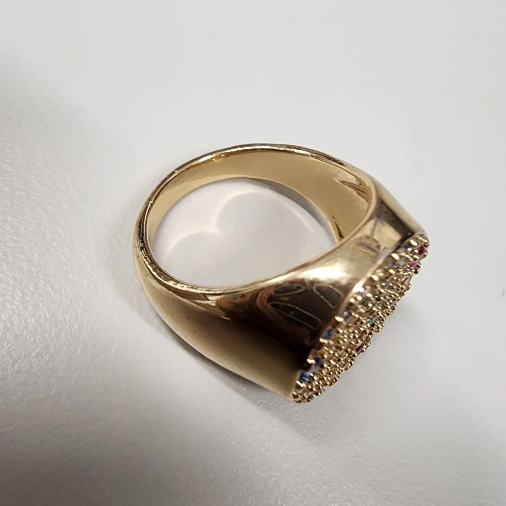 Sz 8 Gold-tone Multi-Color stone Pavé Signet Ring Rainbow Rhinestone Cluster
